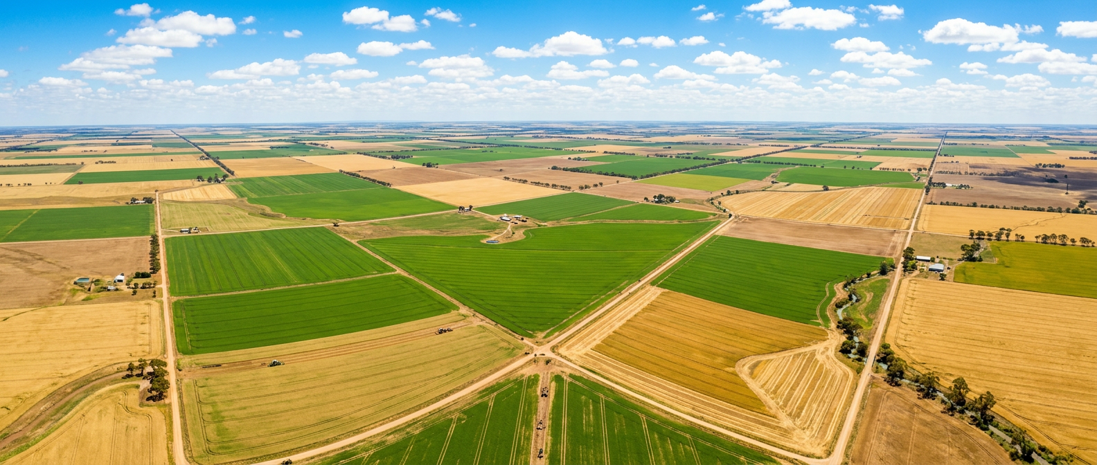 Aerial view of large-scale broadacre cropping country in green and gold